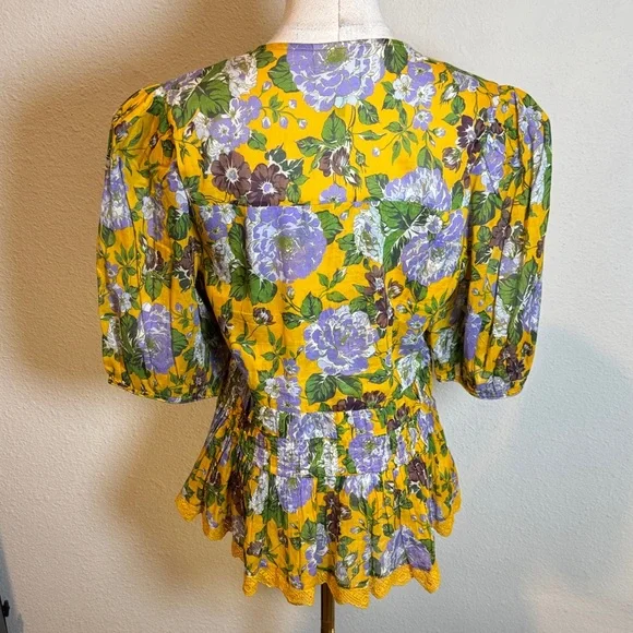 Farm Rio Capri Peplum Hem Floral Blouse Yellow & Purple size Large - Picture 6 of 17